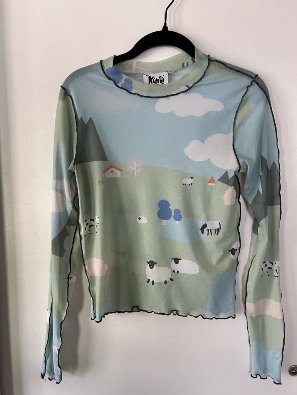 Kina + Tam Farm Print Mesh Top in Pastel Blue & Green